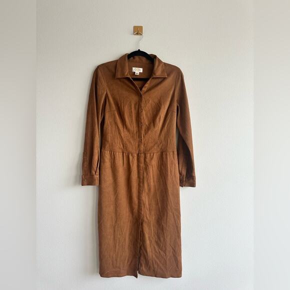 Vintage Talbots Faux Suede Shirt Dress Brown Snap Front Midi Western  Size 4 - Picture 1 of 6